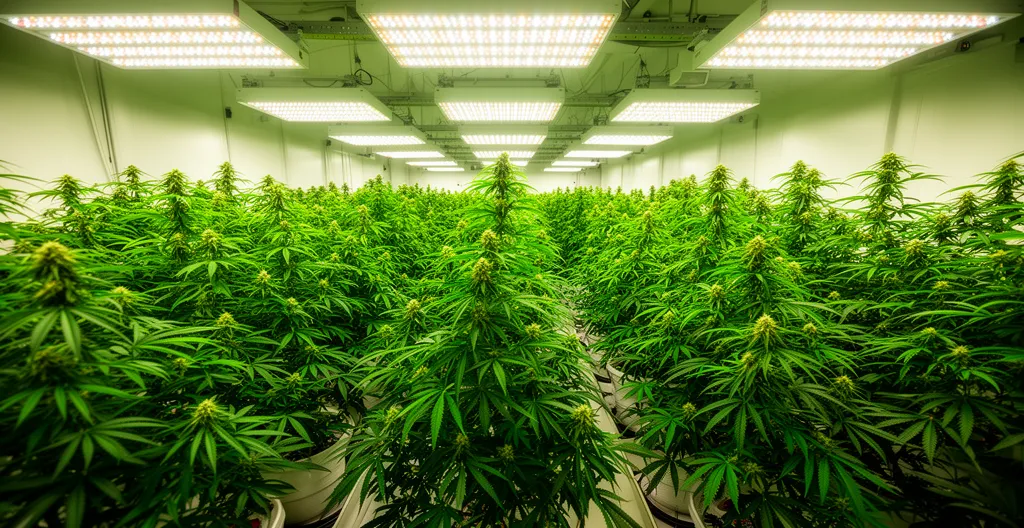 Plants de chanvre CBD sous éclairage horticole dans une salle de culture indoor
