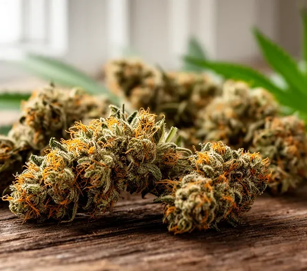 Têtes de fleurs CBD Jack Herer séchées avec trichomes visibles et pistils orangés