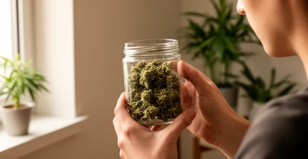 Personne examinant des fleurs CBD séchées dans un bocal en verre